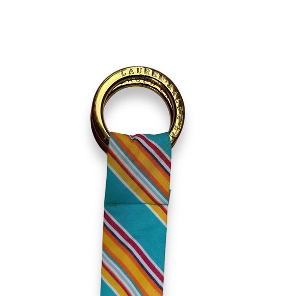 Vintage Ralph Lauren 90s Preppy Cloth Belt Blue Teal Yellow Striped Double Ring - Picture 3 of 6